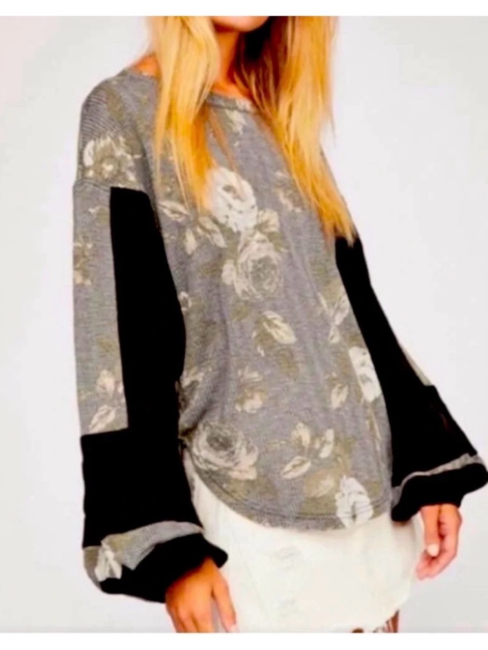 Free People Floral Waffle Knit Top Balloon Sleeves/M